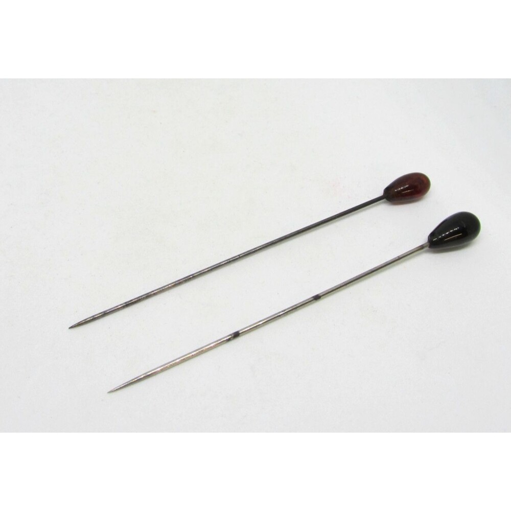 Vintage Glass Teardrop Stick Pins Hatpins Black Amber Lot of 2 3"
